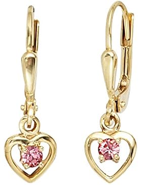 8 k ( 333 ) Kinder Gold Kinder Ohrringe - Herz mit Glas - B 6,70 mm - H 20,90 mm