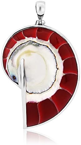 Sterling Silver Red Coral Nautilus Shell Pendant 28" Rombo Chain