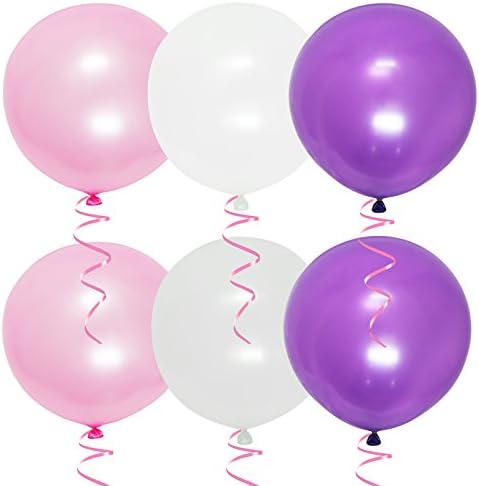 Autumn Love 6pcs Giant 36 Inches Latex Balloons with 12MM x 27.5 Metre Ribbon for Birthday Party Wedding Festival Celebrations Decorations - White Pink and Purple