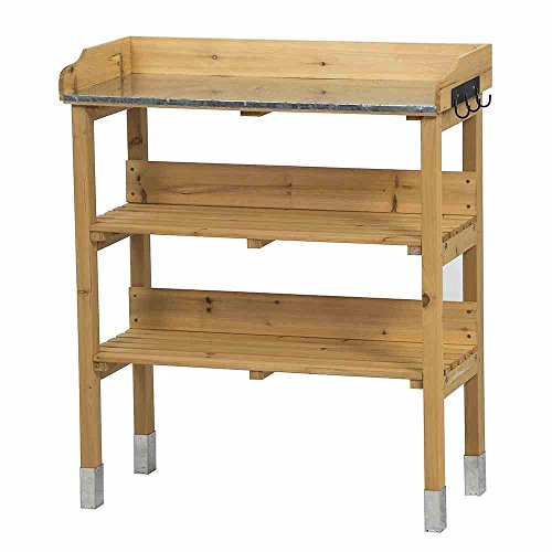 Preisvergleich Produktbild myGardenlust Pflanztisch Holz-Pflanztisch 76x37x89 cm Kiefer Braun Eckig / wetterfest / verzinkte Arbeitsfläche / nützliche Haken / 2 Abstellböden / 3 Haken für Garten-Werkzeug Braun