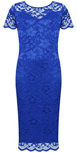 WearAll - Mujeres Tallas Grandes Manga Corta Bodycon Encaje Alineado Midi Vestido - Azul Real - 58-60