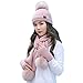 Produktbild CHIRORO Winter Mütze Schal Handschuhe Sets Warm Dehnbar Beanie Cap mit Bommel Elastisch weich gehäkelt Gestrickt Strickmütze Nackenwärmer Touchscreen Handschuhe, Rosa