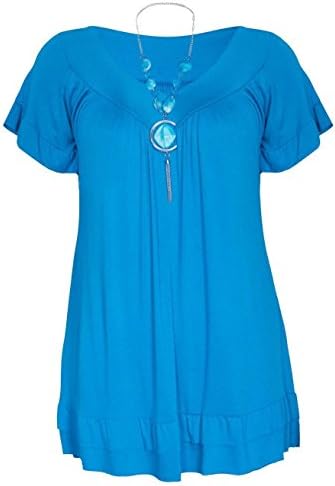 Womens Frill Necklace Gypsy Plus Size Ladies Short Sleeve Long V Neck Tunic Tops (12, Turquise)