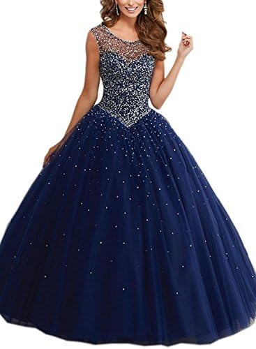 FNKSCRAFT Women Navy Blue Ball Gown Quinceanera Dresses Sleeveless Puffy Pearls Beading Prom Dress 2018