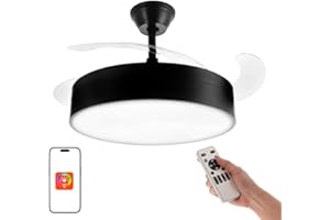 M Ledme - Ventilateur de Plafond avec Lumière Led Messe 72W Noir, Télécommande, moteur DC, 6 vitesses, Silencieux,4 Pales déployantes, fonction été-hiver, minuterie. Avec APP