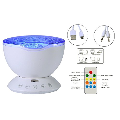 Umiwe Ozean Nachtlicht Projektor Ozeanwellen Meer Fernbedienung Nachttischlampe mit Eingebautem Mini Musik Player [12 LED Beads, 7 Bunte Licht Modi, TF Steckplatz] für Kinder Erwachsene Schlafzimmer Wohnzimmer - 2