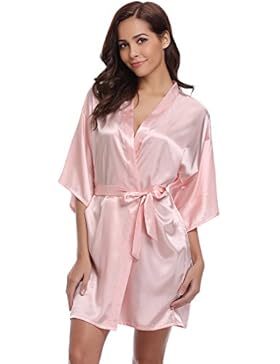 Aibrou Damen Kimono Morgenmantel Bademantel Kurz Schlafanzug Nachtwäsche Satin V Ausschnitt mit Gürtel