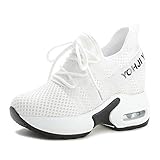  tqgold® Damen Sneaker Wedges mit Keilabsatz Sportschuhe Bequeme Atmungsaktiv Turnschuhe Freizeitschuhe Erhöht Einlegesohle 9CM(Weiß，Groß 37)