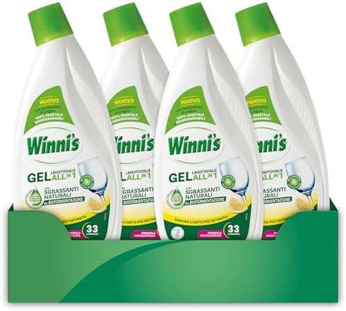 Winni's - Detersivo Gel Lavastoviglie Ipoallergenico, 132 Lavaggi, Azione Detergente, Sgrassante e Brillantante, Fragranza di Limone, con Materie Prime di Origine Vegetale, 561 ml x 4 Confezioni