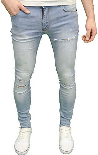 Soulstar Mens Designer Branded Stretch Super Skinny Fit Ripped Jeans (38W x 32L, Light Blue)