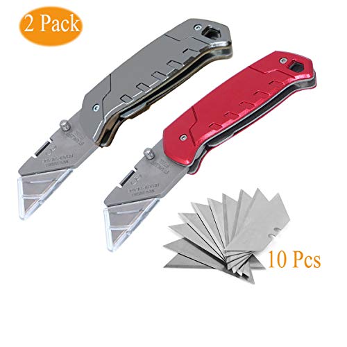 Cuchillo Plegable con Hoja Retráctil, Toolove 2 piezas Cuchillo plegable con Cortador Plegable Multifunción con 10 Cuchillas de Repuesto en Acero Inoxidable y para Cajas de Corte de Alfombras