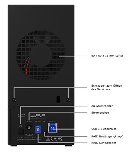 Icy Box IB-RD3621U3 Externes RAID-System (0/1/Single/Large) für 2x 3,5 Zoll SATA HDD, USB 3.0 (UASP), SATA III, Lüfter, Standby, schwarz - 4
