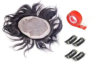 AASA Mono Base Hair Toupee/Patch/System Human Hair Wigs for Men and Boys with Free Small Tape and Wig Clips Natural Black Brown Pack of 1 (7 * 5)