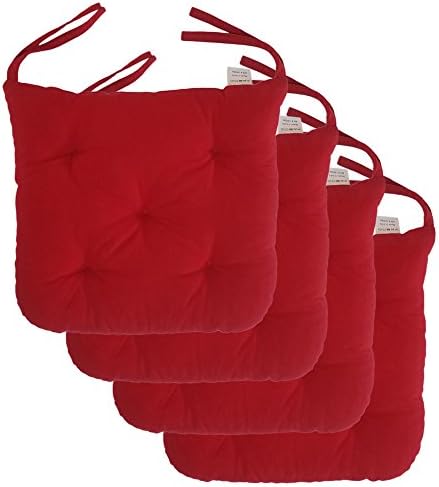 Cottone 100% Cotton Chair Pads w/ Ties (Set of 4) | 16” x 15” Round Square | Extra-Comfortable &amp; Soft Seat Cushions | Ergonomic Pillows for Rocking, Dining, Patio, Camping, Kitchen Chairs &amp; More (Red)