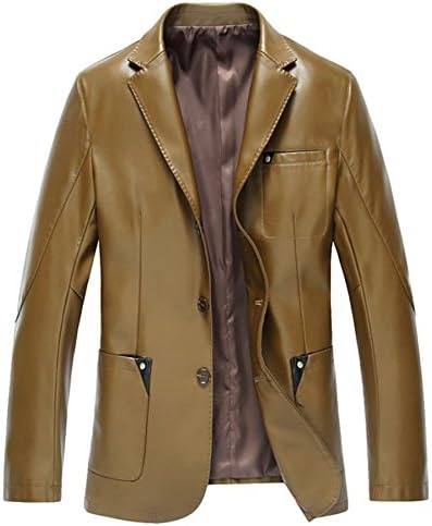 Men's leather Korean version business leather suit collar leather jacket (L, Yellow-brown)