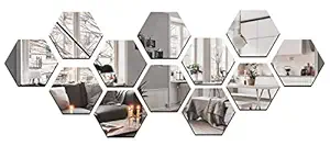 Wall1ders 12 Hexagon Silver (Each Hexagon Size 10.5 cm x 12.1 cm), mirror stickers for wall, hexagon mirror wall stickers, acrylic mirror wall decor sticker, hexagonal mirror wall sticker, wall mirror stickers, wall stickers for hall room, bed room, Kitchen.