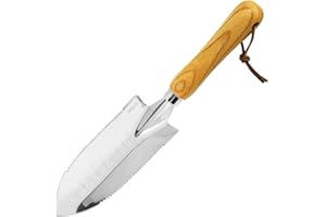 MIJOVA Small Hand Shovel, Garden Trowel Ergonomic Wood Grain Handle, Stainless Steel Hand Trowel, Professional Gardening Tool for Planting, Transplanting, Weeding, Moving and Smoothing Soil