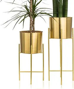 UV Crafts Metal Modern Planters with Stand, Black, Standard, 2 Pieces (Gold)