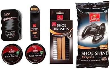 Whole Complete Shoe Boot Care KIT Set CONTAINING - Kiwi Polish, Brushes, Sponge, Liquid Shoe Polish, Shoe Shine Wipes (Black)