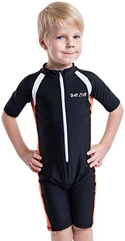 HaoLian Kids Shorty Sleeve Swimsuits UV 50+ Sun Protection Rash Guard One Piece Floating Swimming Costume Wetsuit for Water Sports Black L