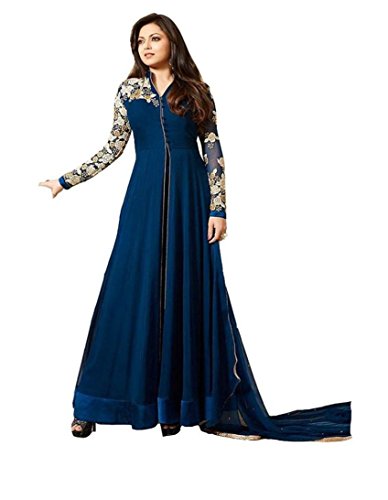 Dhruv Fab Women's Georgette Semi-Stitched Embroidered Anarkali Gown (Blue_Free Size)