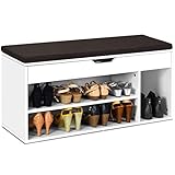 【Multifunktionen】Der Schuhbank hat zwei Regale und ein Ablagefach auf der Oberseite. Er besitzt zwei Funktionen, dass Sie etwas lagern können und bequem Schuhen wechseln können. Das Fach ist ideal, um Schuhcreme, Pinsel, Handtuch, Socken, Schlüssel und andere Kleinigkeiten zu lagern.