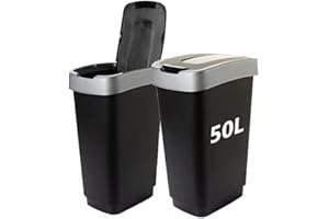 SUSTANIA Lot de 2 poubelles de cuisine, 50 l, avec couvercle basculant, 60 x 45 x 34 cm, en plastique robuste, recyclable, noir/argent, fabriquées en UE
