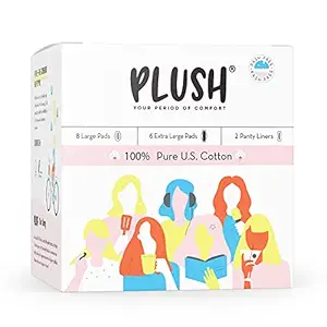 Plush 100% Pure U.S. Cotton 14 Sanitary Pads for Women | 8 Light Flow Pads (L) 6 Heavy Flow (XL) & 2 Panty Liners | Ultra-Thin, Rash Free | For All Skin Type | Vegan