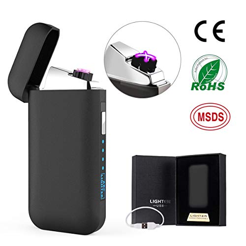 EVILTO Briquet Électrique Briquet Double-Arc USB Rechargeable avec Indicateur Puissance, Briquet Electrique USB, Bougies, Feux d'artifice, Briquet Coupe-Vent, Magnifique Boîte Cadeau (Noir)