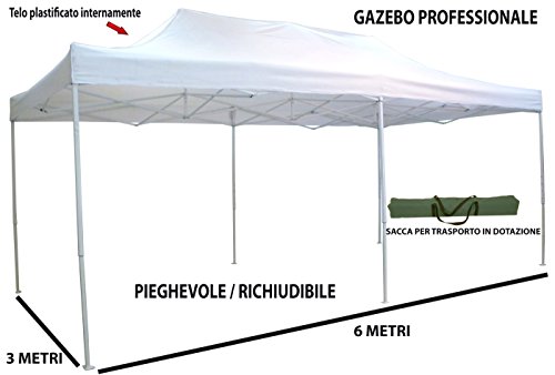Savino Fiorenzo Gazebo Pieghevole richiudibile telescopico 3x6 m. Telo Bianco per Mercato Fiera manifestazioni sagra Campeggio Giardino Telo plastificato Impermeabile