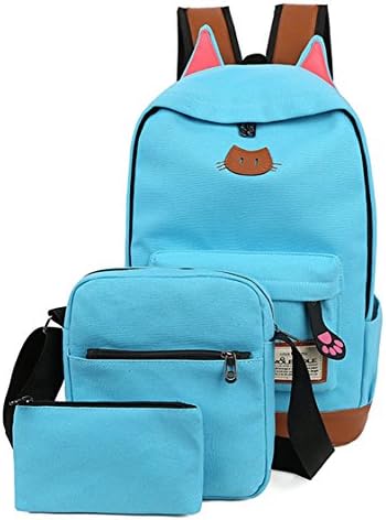 Moolecole Super Cute Cat Ears School Backpack Bag with Shoulder Bag &amp; Pencil Case Pounch,3PCS Set Sky Blue