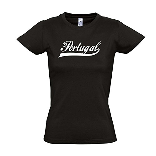 Damen T-Shirt – Portugal Oldschool LÄNDERSHIRT EM / WM FAN Trikot S-XXL , Deep black – weiß , L