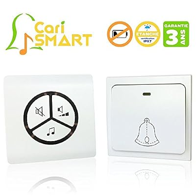 CariSmart Sonnette sans fil sans pile étanche (IPX7) ✮ CariSmart ✮ le premier carillon sans pile écologique, longue portée et intelligent + ultra fin + 25 mélodies + mode silence + 100 mètres de portée + Garantie 3 ans + Satisfait ou Remboursé…
