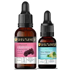 Soulflower Grapeseed Carrier Oil and Tea Tree Essential Oil for Acne , Glowy Skin, Hair Lustre 100% Pure, Natural, Undiluted & Premium Oil,Ecocert Cosmos Organic Certified, Pack of 2 (30ml & 15ml with free dropper)