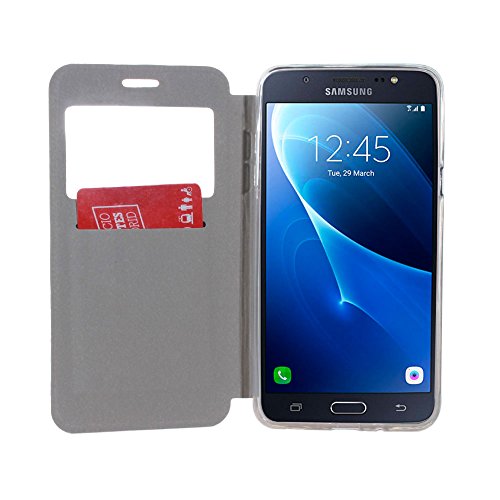 BeCool® – Handy Schutzhülle im Bookstyle mit Standfunktion, ohne Klappe für Samsung Galaxy J7 2016, mit S-View Fenster, durch das Sie alle Mitteilungen sehen können. Farbige Hundspuren - 3