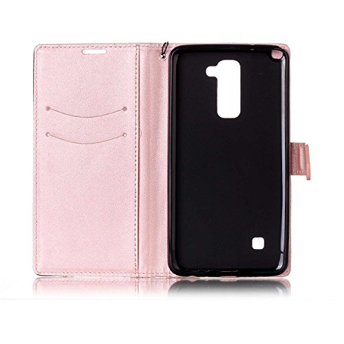 LG Stylus 2 Hülle,LG LS775 Leder Case,Sunroyal PU Leder Brieftasche Schutzhülle Tasche Handyhülle Schutz Hüllen im Bookstyle Ledertasche mit Stand Funktion Kartenfächer Magnetverschluss Magnet Etui Schale Schutzhüllen,Retro Schwarz Rose Gold Muster Entwurf Flip Klapp Cover Tasche mit Strap Kartensteckplatz Hinterschale Kartenschlitz mit Silikon Kratzfest für LG Stylus 2 LS775/LG G Stylo 2 + HD Super Klare Displayschutzfolie - 4
