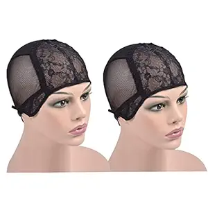2 Pieces Black Double Lace Wig Caps Wig Making Caps with Adjustable Straps on the Back Wig Cap Weave Caps for Making Wigs (Black M)