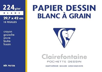 ClaireFontaine - Réf 96186C - Une Pochette Dessin à Grain Blanc 29,7x42cm 10 Feuilles 224 g vendu à l'Unité