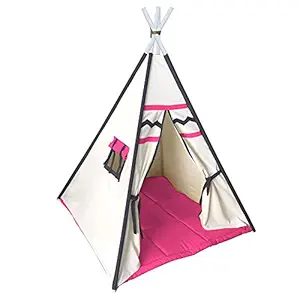 Next Day Art Teepee Play Tent for Kids Portable Foldable Flag House for Children Play Tents with Mat for Girl and Boy with Carry Case Canvas Playhouse Indoor and Outdoor with Baby Pillow Queen-White