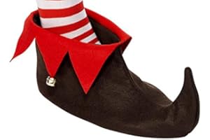BFD ONE ELF BOOTS ELF SHOES ELF HAT OR ELF TIGHTS CHRISTMAS FANCY DRESS ELF SHOE ACCESSORY ADULTS SANTA'S LITTLE HELPER GREEN AND RED OR BROWN (Elf Boots Brown)
