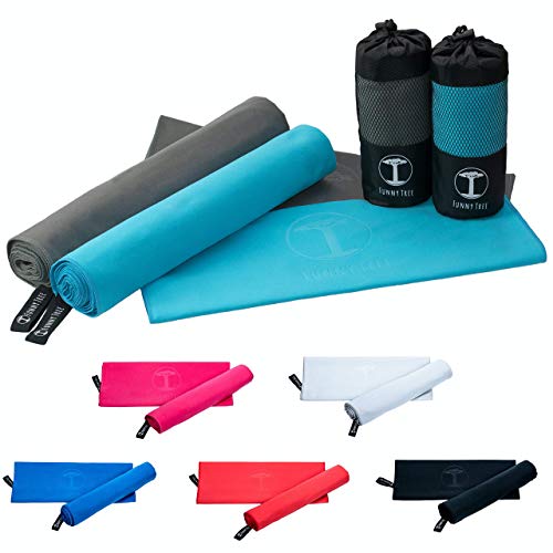 Funny Tree® Microfaser Handtücher (türkis) 2er Set 30x50cm ohne Tasche| schnelltrocknend platzsparend Ultraleicht| Reisehandtuch Sporthandtuch Yoga Fitness Strand