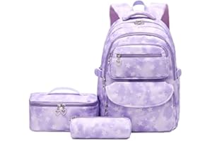 Tanou Mochilas Escolares Niña, 3 Piezas con Bolsa Térmica Estuche, 24 Litros Mochila Escolar para Primaria Secundaria, Mochila Colegio para Niñas de 8-14 Años, Estrella Morada
