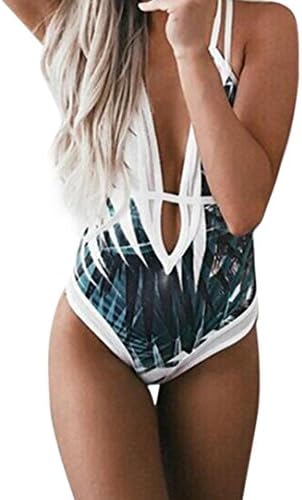 Hmeng Swimswear Women's Bikini,Ladies Deep V Halter Neck Swimsuit Peacock Print Cut Out Monokini Beachwear, Green (Green, L)