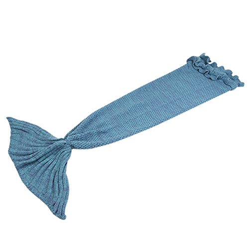 LIVEHITOP Mädchen Häkeln Meerjungfrau Schwanz Decke Gestrickte Schlafsack für Kinder Teenager Mädchen, All Seasons Fischschwanz Decken Sofa Quilt Perfekt Geschenk 140x70cm / 55.1 „x 27.6“ (Blau) - 2