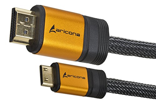 1 Meter High End HDMI zu Mini Kabel 2.0/1.4a mit vergoldeten Steckern und einem Nylon/Alu Geflecht, blanken Kupferleitern (Unterstütz: Full-HD, 3D, Ultra-HD 4K, Ethernet, Audio Return) by aricona - 3