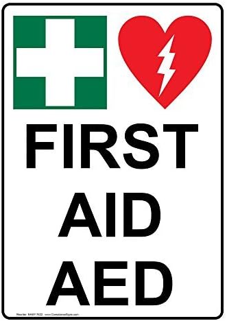 Vertical Aluminum First Aid AED Sign, 10 x 7 in. with English Text and Symbol, White