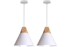 HONGHO Lot de 2 Suspension Industrielle en Métal Bois Lustre Abat-Jour Plafonnier E27 Lampe Blanc pour Salon Chambre Salle À Manger