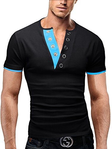 Merish Herren Poloshirt Slim Fit V-Ausschnitt Kurzarm T-Shirt Hoodie 71 Schwarz-Türkis S Merish Herren Poloshirt Slim Fit V-Ausschnitt Kurzarm T-Shirt Hoodie 71 Schwarz-Türkis S