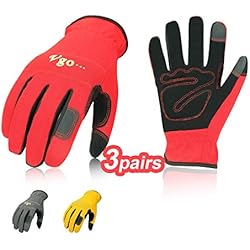 Vgo 3 Paires de Gants de Jardin de Travail en Cuir Nubuck Construction Builder Driver Daily (Taille 8/M, Rouge + Gris + Jaune, NB7581)