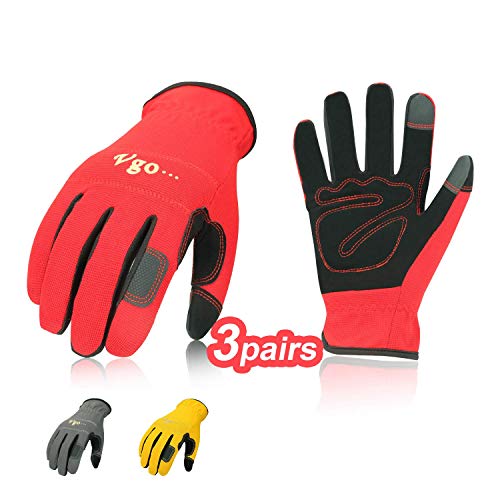 Vgo 3 Paires de Gants de Jardin de Travail en Cuir Nubuck Construction Builder Driver Daily (Taille 8/M, Rouge + Gris + Jaune, NB7581)